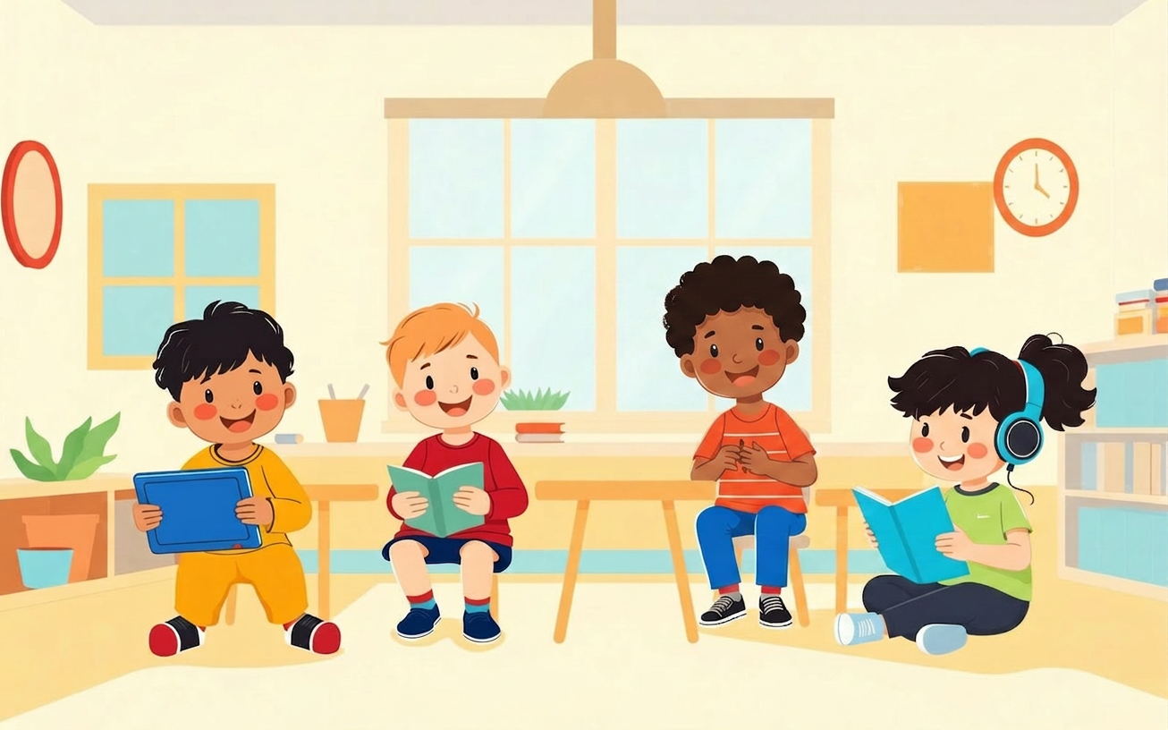 Diverse young students learning together in a bright, inclusive classroom